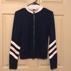 Blue zip-up sweatshirt (no hood)